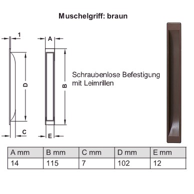 M�bel-Muschelgriff zum Einlassen in Kunststoff - braun - Schraubenlose Befestigung