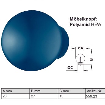 HEWI Mbelknopf 559.23 stahlblau (50) aus Polyamid, d=23/27/13 mm
