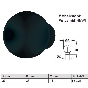 HEWI Mbelknopf 559.23 tiefschwarz (90) aus Polyamid, d=23/27/13 mm