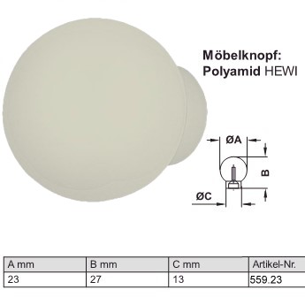 HEWI Mbelknopf 559.23 lichtgrau (97) aus Polyamid, d=23/27/13 mm