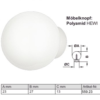 HEWI Mbelknopf 559.23 reinwei (99) aus Polyamid, d=23/27/13 mm
