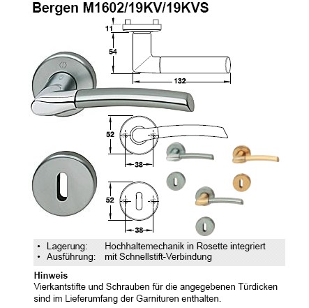 Hoppe Bergen M1602/19KV/19KVS, BB Rosettengarnitur, Messing (matt/Aluminium stahlfarben)