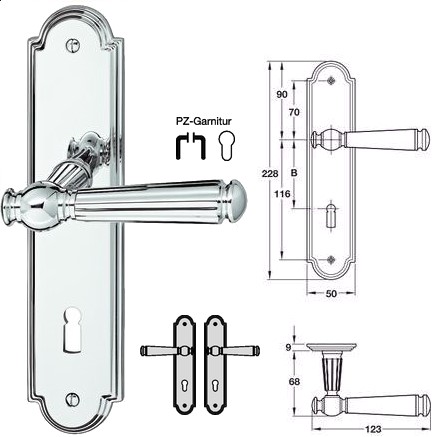 Jado Sanssouci S 949/990 PZ Langschildgarnitur, Messing verchromt poliert