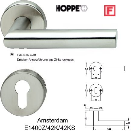 Hoppe Amsterdam E1400F/42/42S FS Edelstahl PZ Zimmer Rosetten Garnitur