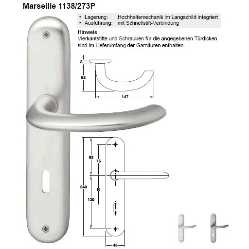 Hoppe Marseille 1138/273P WC Zimmer Langschild Garnitur Aluminium silberfarben eloxiert
