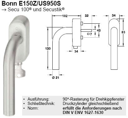 FG Hoppe Bonn E150Z/US950S Edelstahl matt abschließbar Secu 100®, Secustik® und SecuSelect®