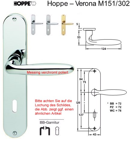 BB Zimmertrgarnitur Hoppe Verona M151/302 in Messing verchromt poliert