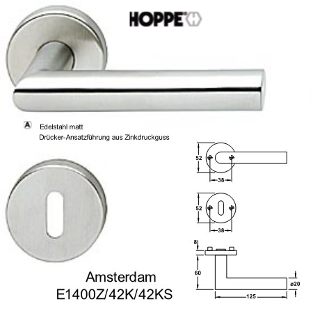 Hoppe Amsterdam E1400Z/42K/42KS Edelstahl PZ Rosetten Zimmertr Wechselgarnitur