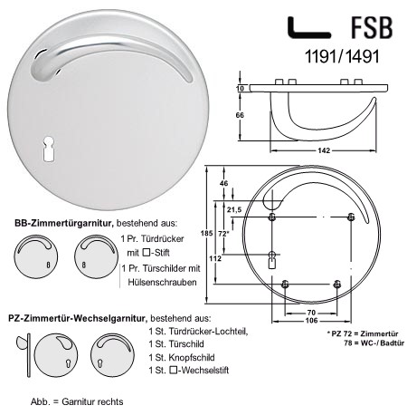 WC gelochte Zimmertr Garnitur FSB 1191/1491 Aluminium silberfarbig eloxiert Innenschild rechts