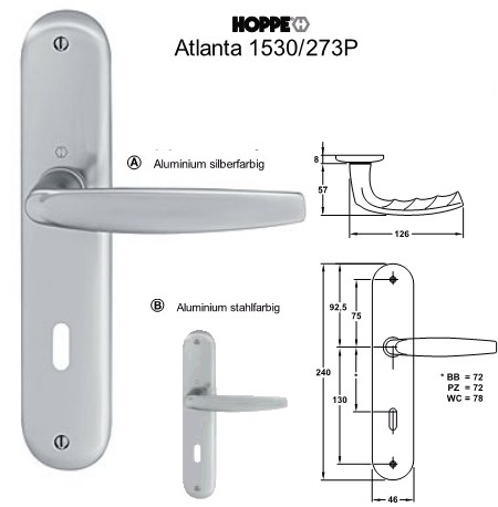 Hoppe Atlanta 1530/273P PZ Langschild Wechsel Garnitur Aluminium silberfarbig eloxiert