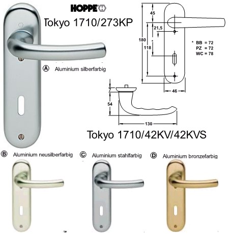 PZ Zimmer Kurzschild Garnitur Hoppe Tokyo 1710/273KP Aluminium silberfarbig eloxiert