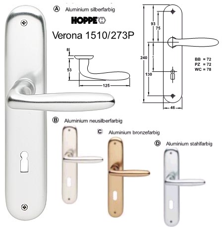 Hoppe Verona 1510/273P BB Zimmer Langschild Garnitur Aluminium neusilberfarbig eloxiert