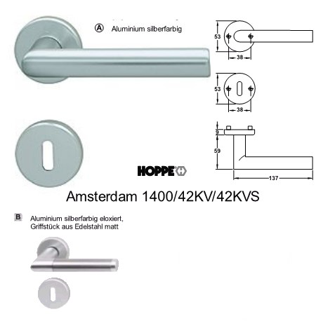 Hoppe Amsterdam 1400/42KV/42KVS WC Zimmer Rosetten Garnitur Aluminium silberfarbig eloxiert Griffstck aus Edelstahl matt