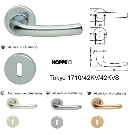 BB Zimmertr Garnitur Hoppe Tokyo 1710/42KV/42KVS Aluminium neusilberfarbig eloxiert