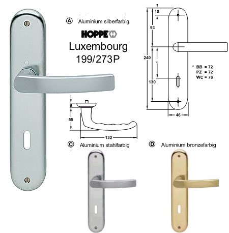 Hoppe Luxembourg 199/273P BB Zimmer Langschild Garnitur Aluminium silberfarbig eloxiert