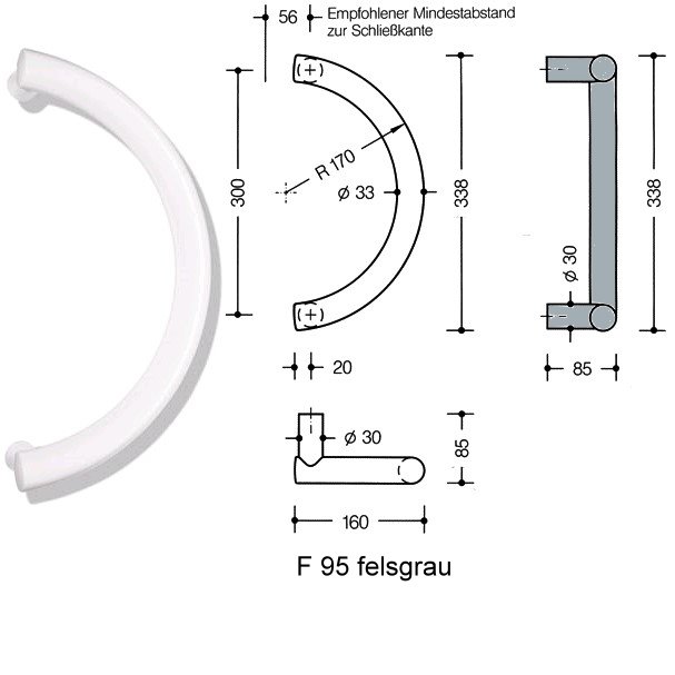 HEWI 550.33KSLT Trgriff Lochteil 33mm a=300mm Sttzen 30mm felsgrau