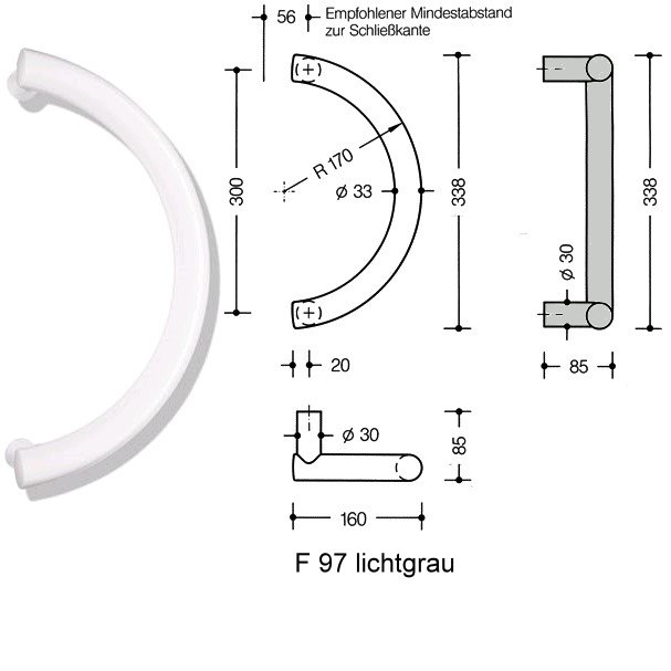 HEWI 550.33KSLT Trgriff Lochteil 33mm a=300mm Sttzen 30mm lichtgrau