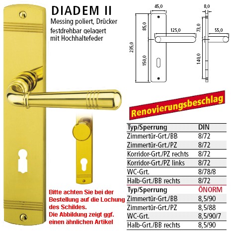 Schössmetall Diadem II Wechsel Langschildgarnitur DIN/L in Messing poliert