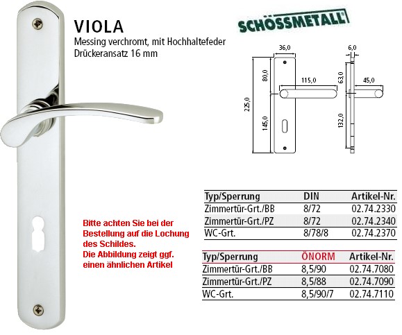 Schssmetall Viola BB Langschildgarnitur <b> Norm</b> in Ms verchromt