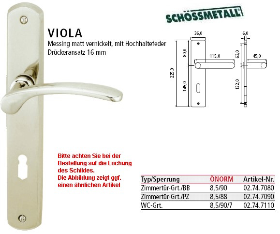 Schssmetall Viola BB Langschildgarnitur <b> Norm</b> in Messing matt vernickelt
