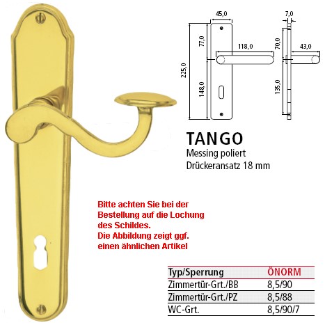 Schssmetall Tango BB Langschildgarnitur <b>Norm</b> in Messing poliert